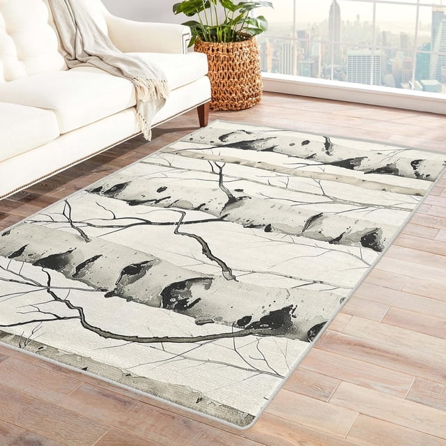 Brich Tree Rug - 4x6 Rug - Birch Rug - Brich Tree Area Rug - Forest Nature Plant Rugs - Black and White Carpet