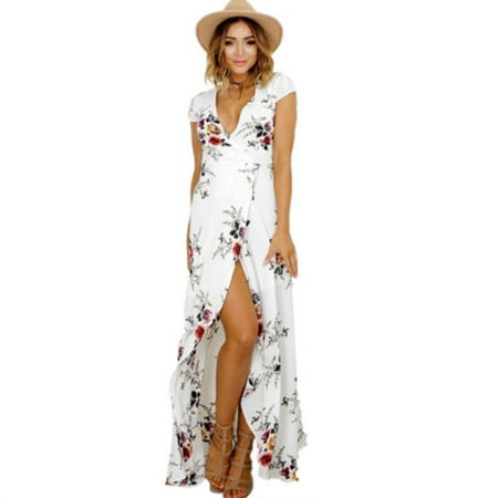 - Womens Boho Maxi Dress V Neck Floral Short Sleeve Evening Party Cocktail Beach Sundress Bridesmaid