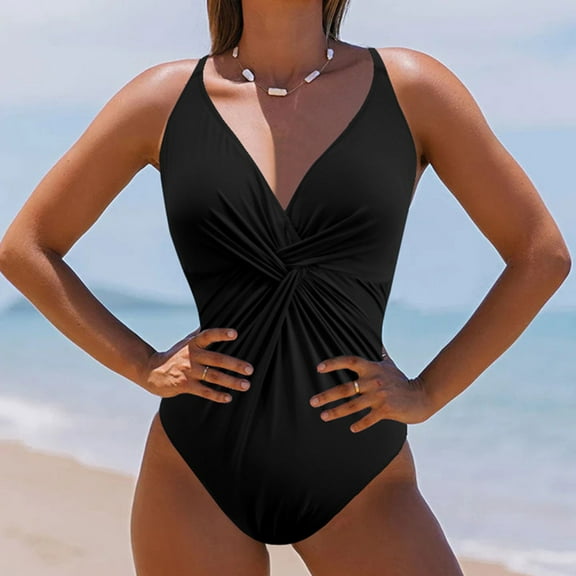 Wancir Women's Solid Color V-neck Fold Retract Your Waist Tight Ditting Bikini Swimsuit Swim Tops Women for Beach/Pool