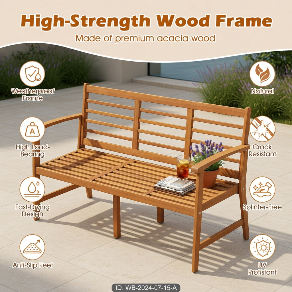 Hommoo 64" Acacia Wood Patio Bench with Off-White Polyester Cushion, Sturdy Outdoor Garden Bench for Backyard, Porch & Deck, Natural