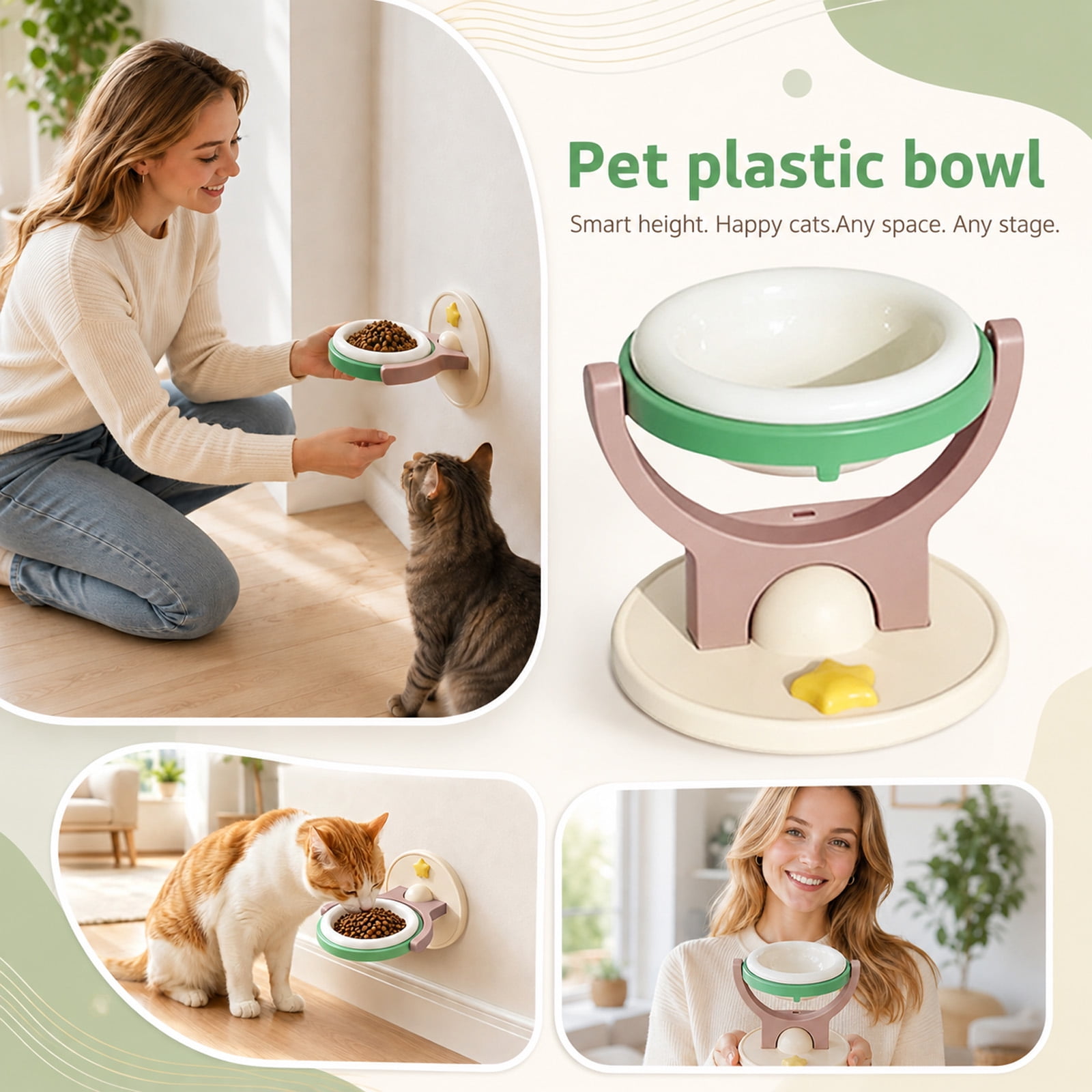 Floating Planet Pet Bowl Set Adjustable Angle Cat Dog Feeding Dish with Wall Mount Base in Brown Green 6.5in 1 Set