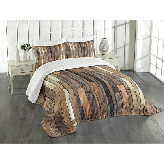 Ambesonne Wooden Print Quilted Bedspread Set 3 Pcs, Old Floor Rustic Style, King Size, Brown