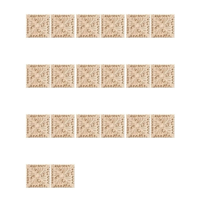 Paquete de 20 Apliques de Madera Tallada, Calcomanía de Talla Cuadrada, Sin Pintar, Puerta de Flores, Armario, Decoración de Muebles, 3,94X3,94 Pulgadas