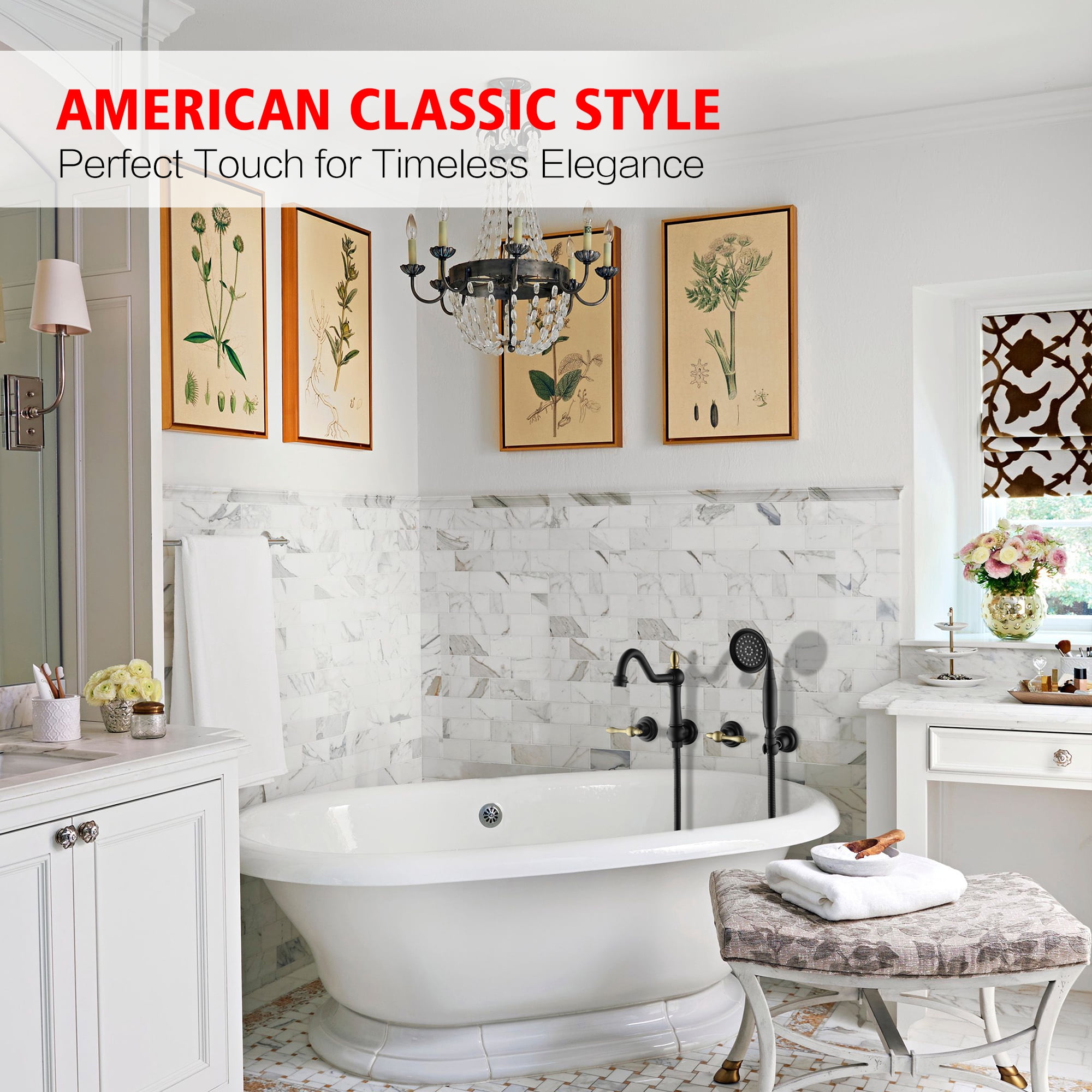 SUMERAIN Wall Mount Tub Faucet with Hand Shower, Vintage High-Flow Bathtub Filler Set Including Rough-in Valve, Black and Gold Finish