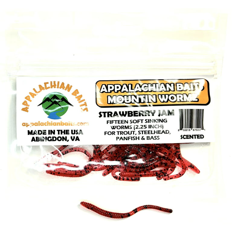 Appalachian Baits Mountin Wormz Strawberry Jam 2 1/4 Soft Sinking Fishing Bait  Worms, Scented, 15 count 