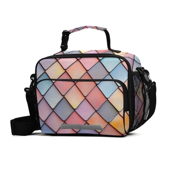 FORMRS Student Insulated Lunch Bag with Shoulder Strap Reusable Cooler Box for School, Pink Shimmering Pattern