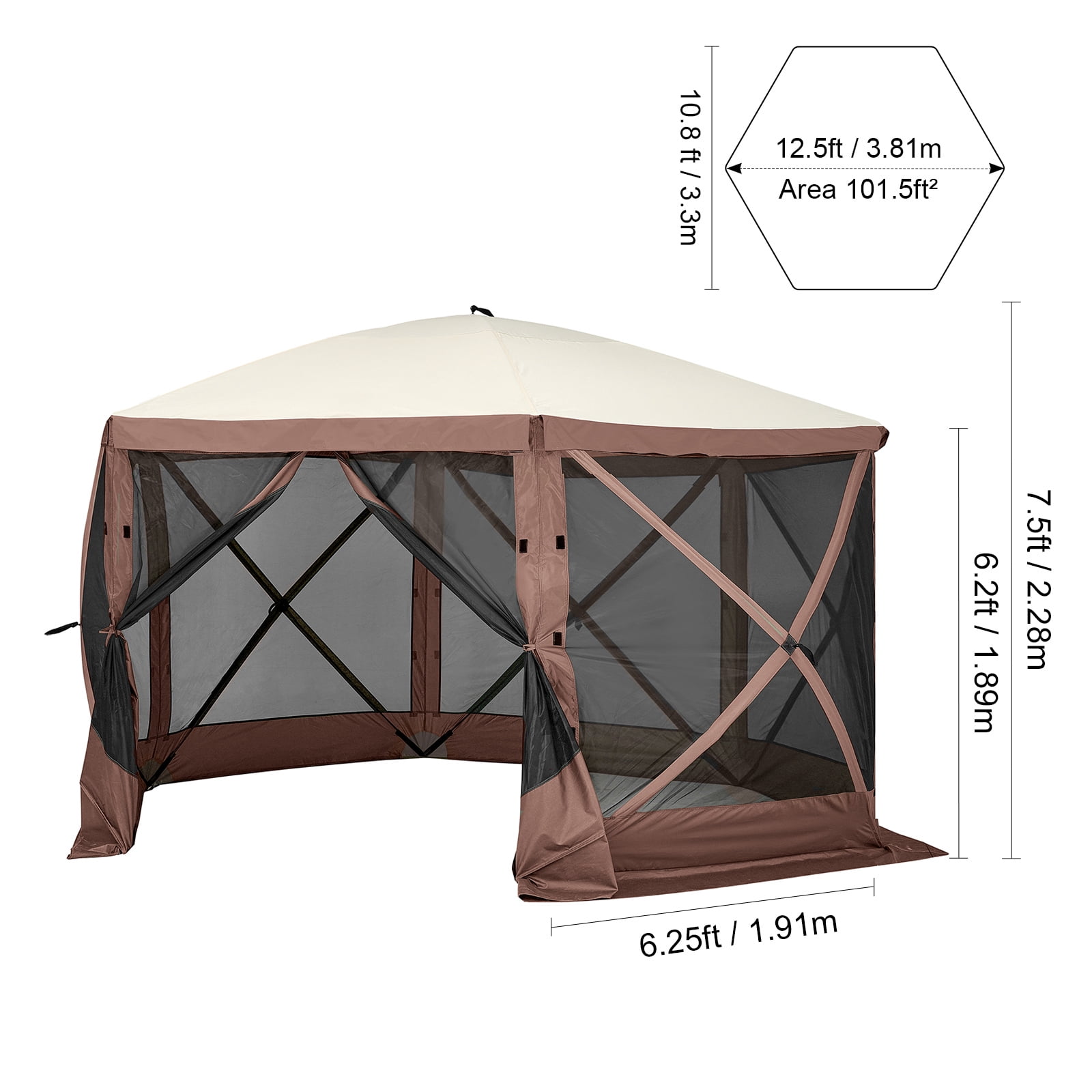 KFFKFF Pop-Up Gazebo Tent, 6-Sided Canopy Sun Shelter with Removable Privacy Panels & Mesh Windows, 12.5x12.5FT Quick Setup Screen Tent with Mosquito Netting, Brown
