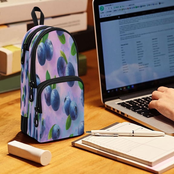 Backpack Pencil Case, 3 Compartment Large Capacity Oxford Fabric Pencil Pouch / Blueberries Pattern