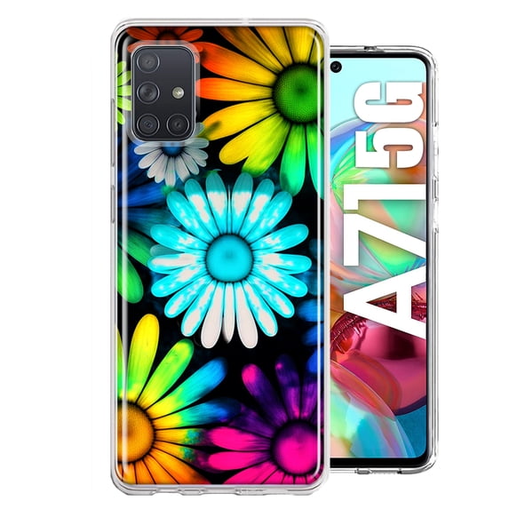 MUNDAZE Samsung Galaxy A71 4G Neon Rainbow Daisy Glow Colorful Daisies Baby Blue Pink Yellow White Double Layer Phone Case Cover