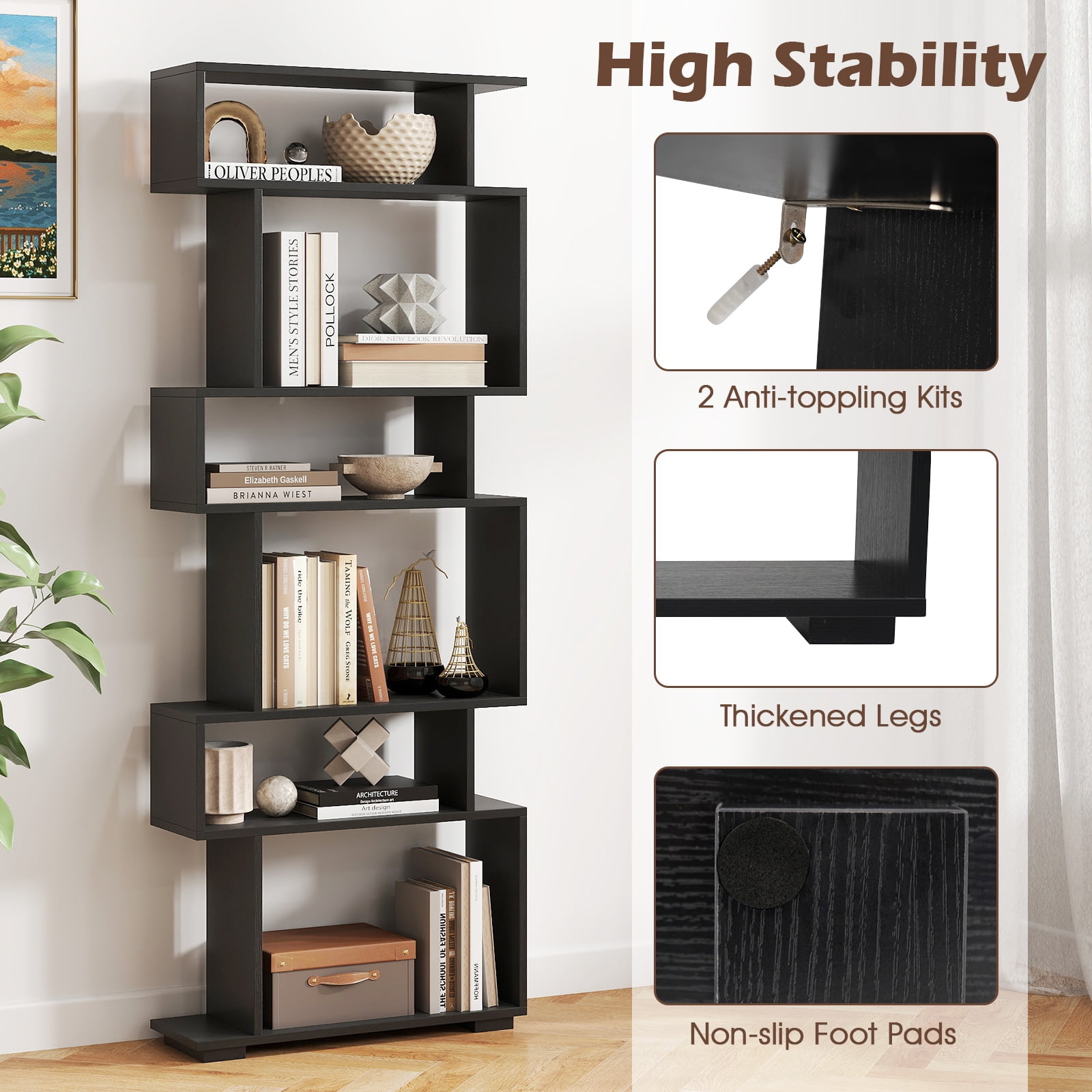 Costway 6-tier Storage Bookshelf S-shaped Geometric Bookcase with Anti-toppling Kits Black