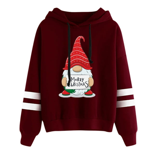 Chandail en Molleton de Noël pour Femmes à Capuche Cardigan Chaud Mignon Imprimé Pull Contrasté Blouse Col Rond Veste de Mode Mi-Longue