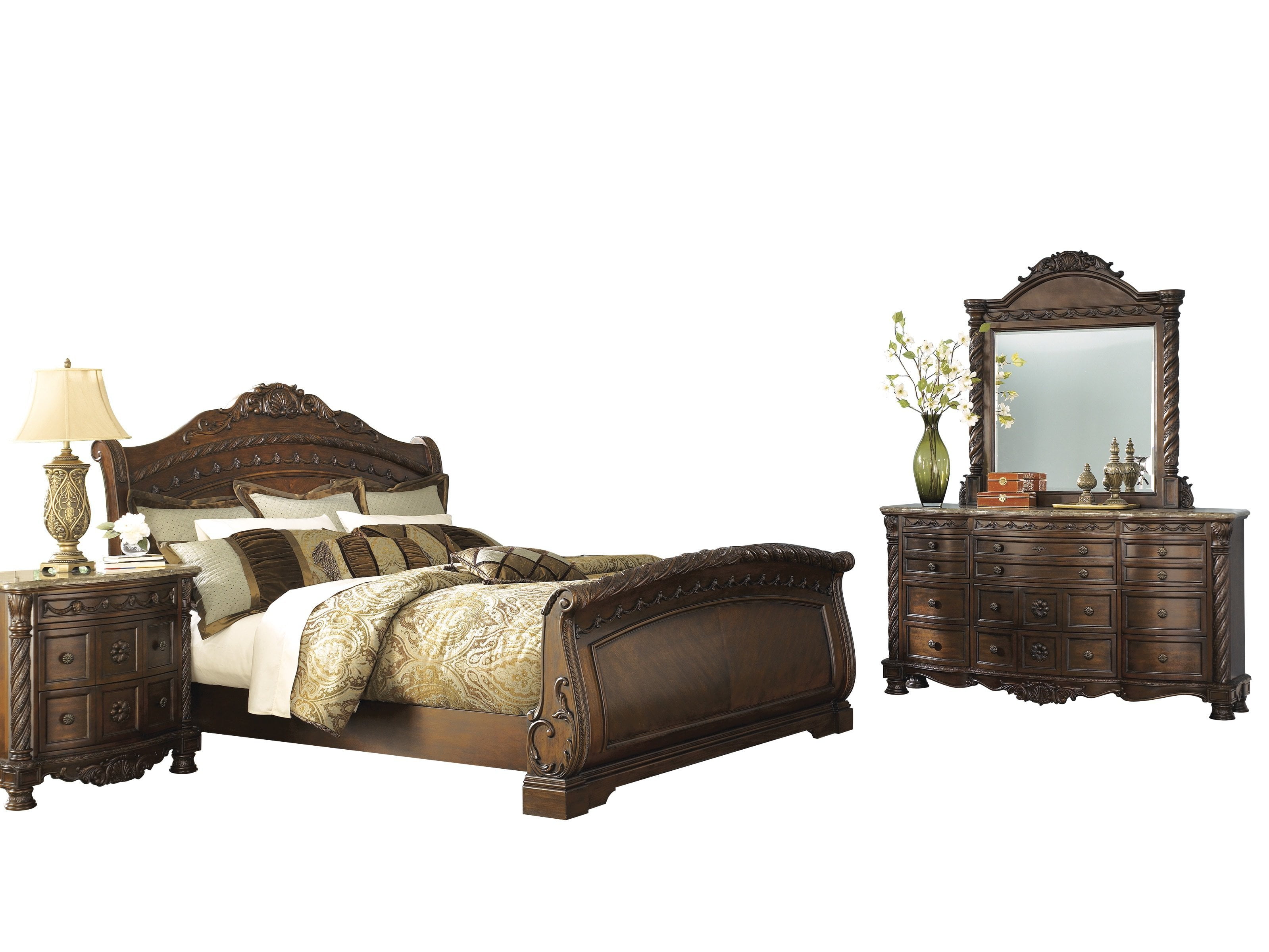 Ashley Furniture North S 4 Pc Bedroom Set Queen Sleigh Bed Dresser Mirror 1 Nightstand Dark Brown