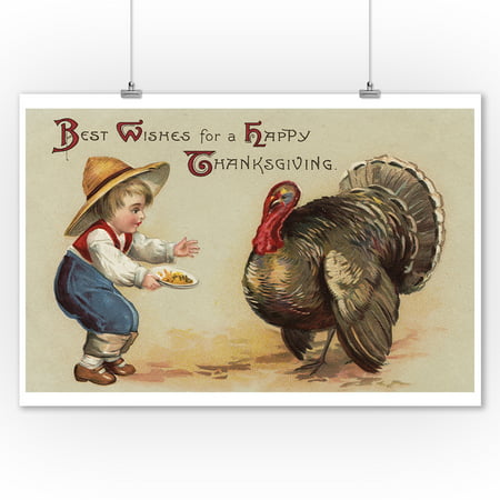 Best Wishes for a Happy Thanksgiving - Boy Feeding Turkey (9x12 Art Print, Wall Decor Travel