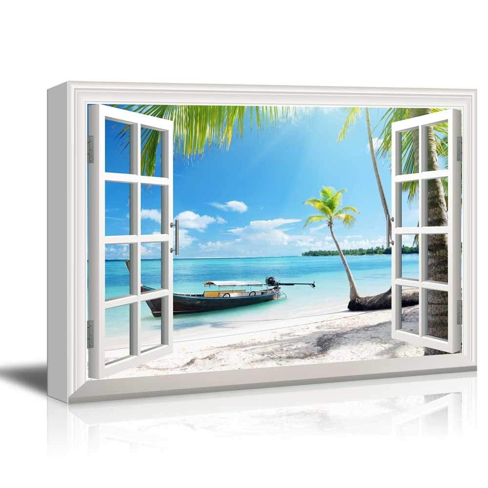 wall26 - Creative Window View Canvas Prints Wall Art - Boat on the ...