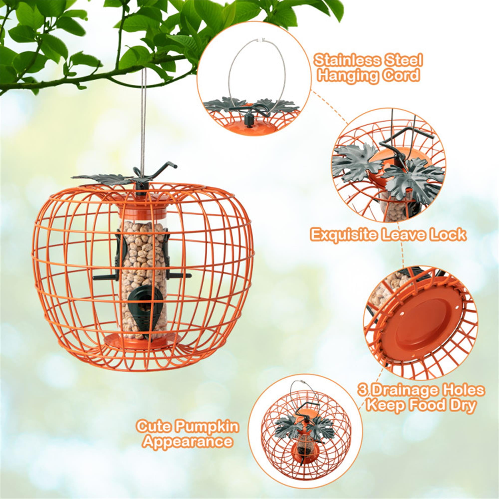 Kadyn 16" Metal Hanging Bird Feeder with Cage and 4 Metal Ports, Squirrel-proof Wild Bird Feeder for Outdoors, Orange