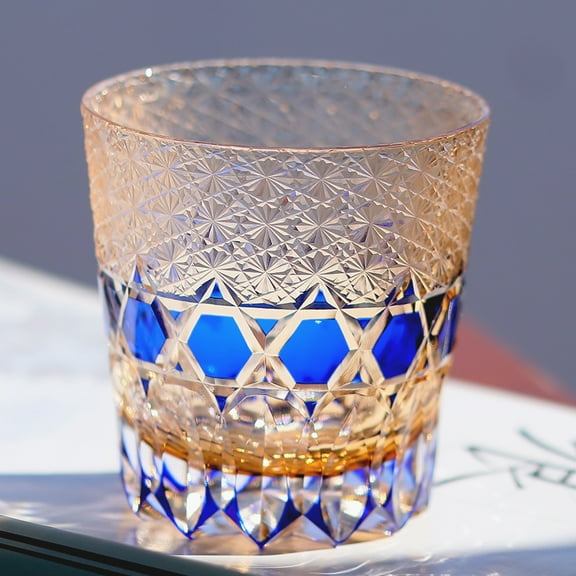 Hand Cut to Clear blue 12oz Edo Kiriko Crystal Whiskey Glass Colored Rock Tumbler Hand Cut Drinkingware Gift Packing 1pc