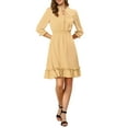 thumbnail image 1 of INSPIRE CHIC Women's Layered Ruffle Hem 3/4 Sleeves Smocked Chiffon A-Line Dress L Khaki, 1 of 8
