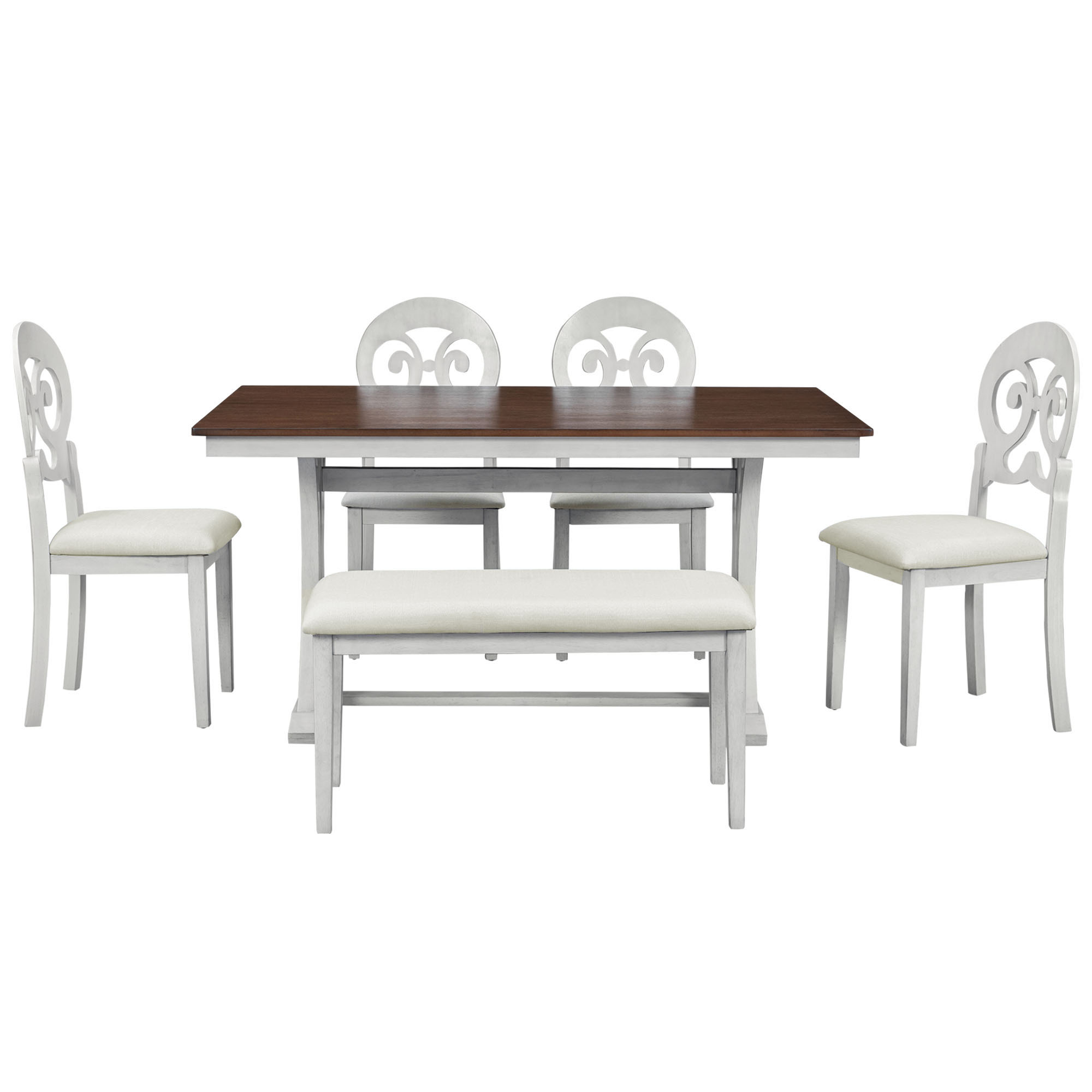 Atumon Dining Table Set for 6, Dining Room Set with Bench and 4 Beige Cushioned Chairs, 6 Piece Wooden Dining Table Set, Farmhouse Dining Table Set Furniture for Kitchen Dining Room, Brown Tabletop