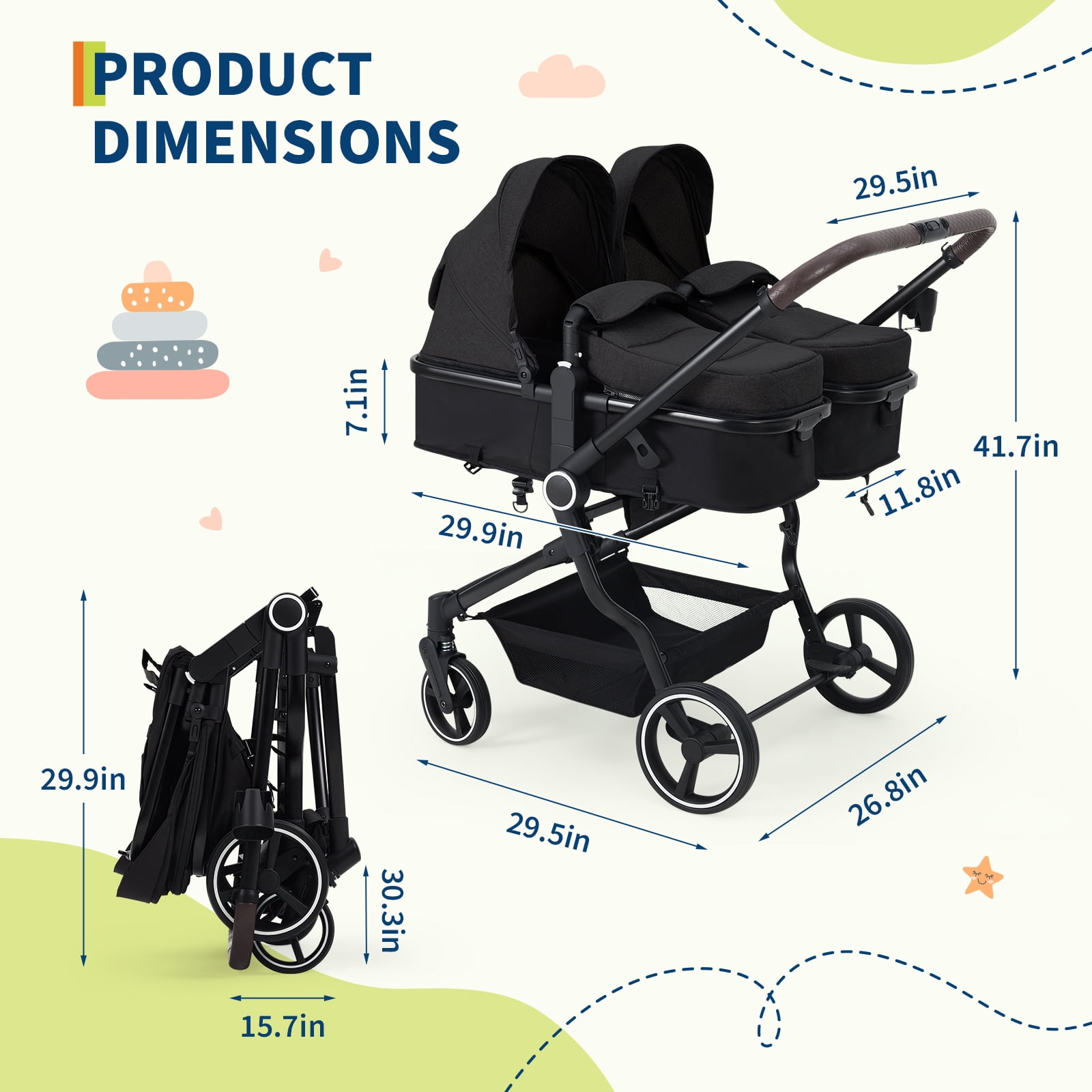 Roromall Side by Side Double Stroller for Twins, Adjustable Compact Folding Baby Travel Stroller with High Landscape Seat, Lightweight Canopy & Recline for Infant and Toddler