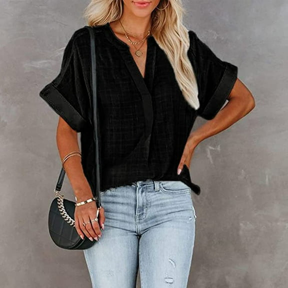 Pntutb Womens Plus Size Summer Short Sleeve T-Shirts Solid V-Neck Casual Blouse Tops Black M