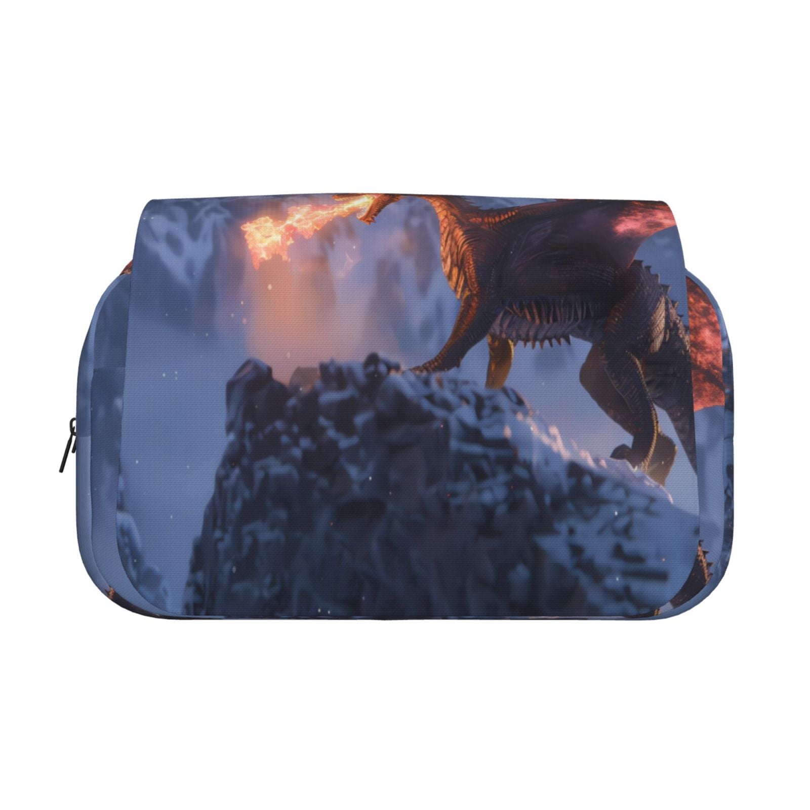 Rateoe Winter Fire Dragon Pattern Double Clamshell Pen Case, Storage Organizer with Two Zipper Compartments– Holds Up to 50 Pencils & Pens