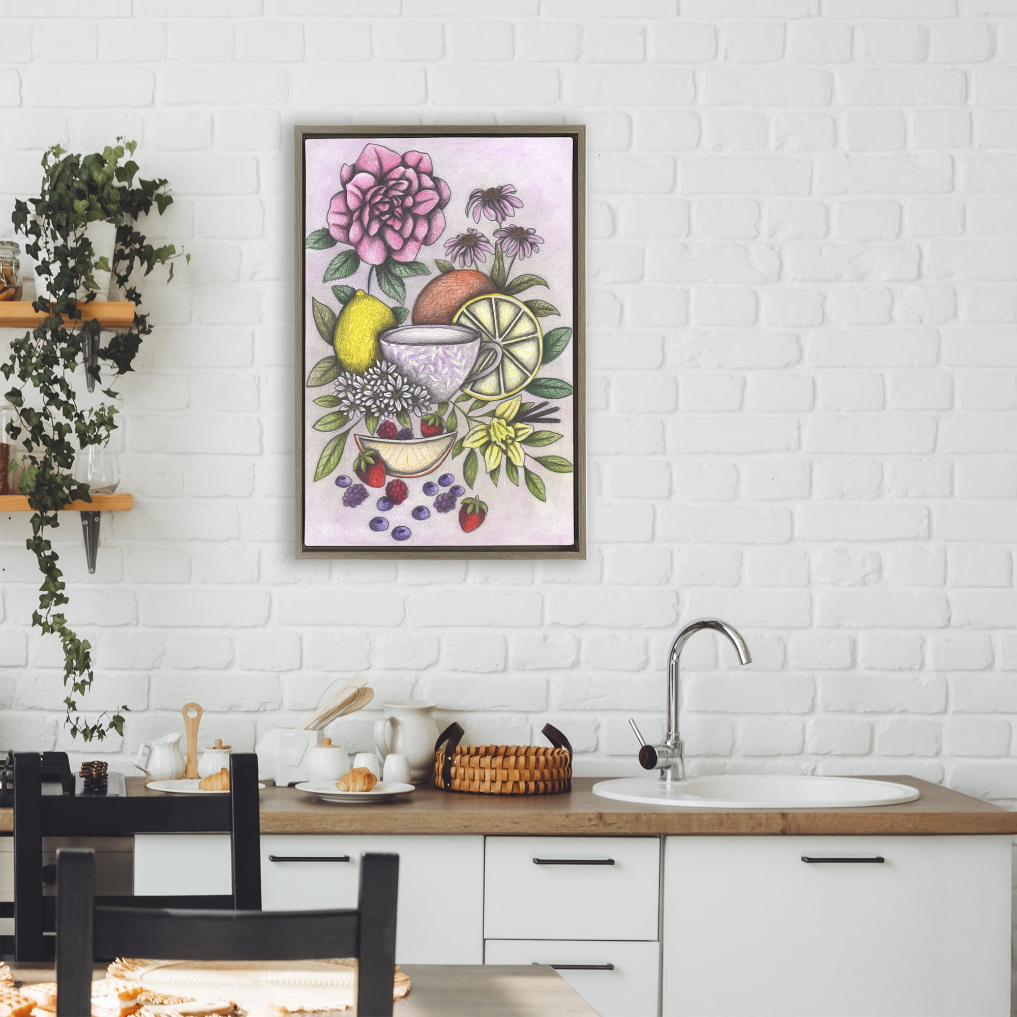 Rococo Tea with Fruits Brown Framed Floater Canvas Wall Art, design by Cecilia Battaini