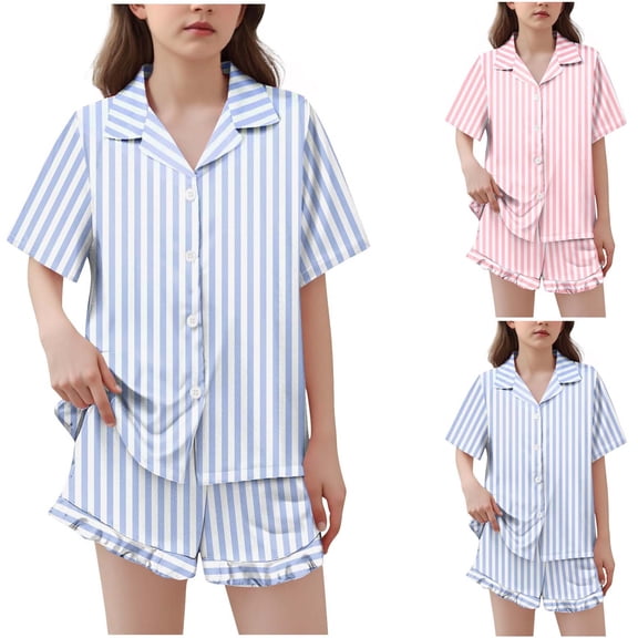 Antinious Toddler Sleepwear Outfit Stripe Collared Button Tops with Elastic Waist Shorts Satin Summer Daily Wear