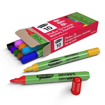 Show-me Box of 10 Medium Tip Slim Barrel Dry Erase Markers in Assorted