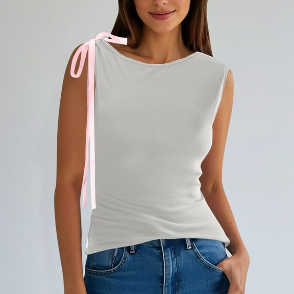 Egmy1 Womens Tank Tops Women's New Solid Color Bow Crossshoulder Casual T-shirt
