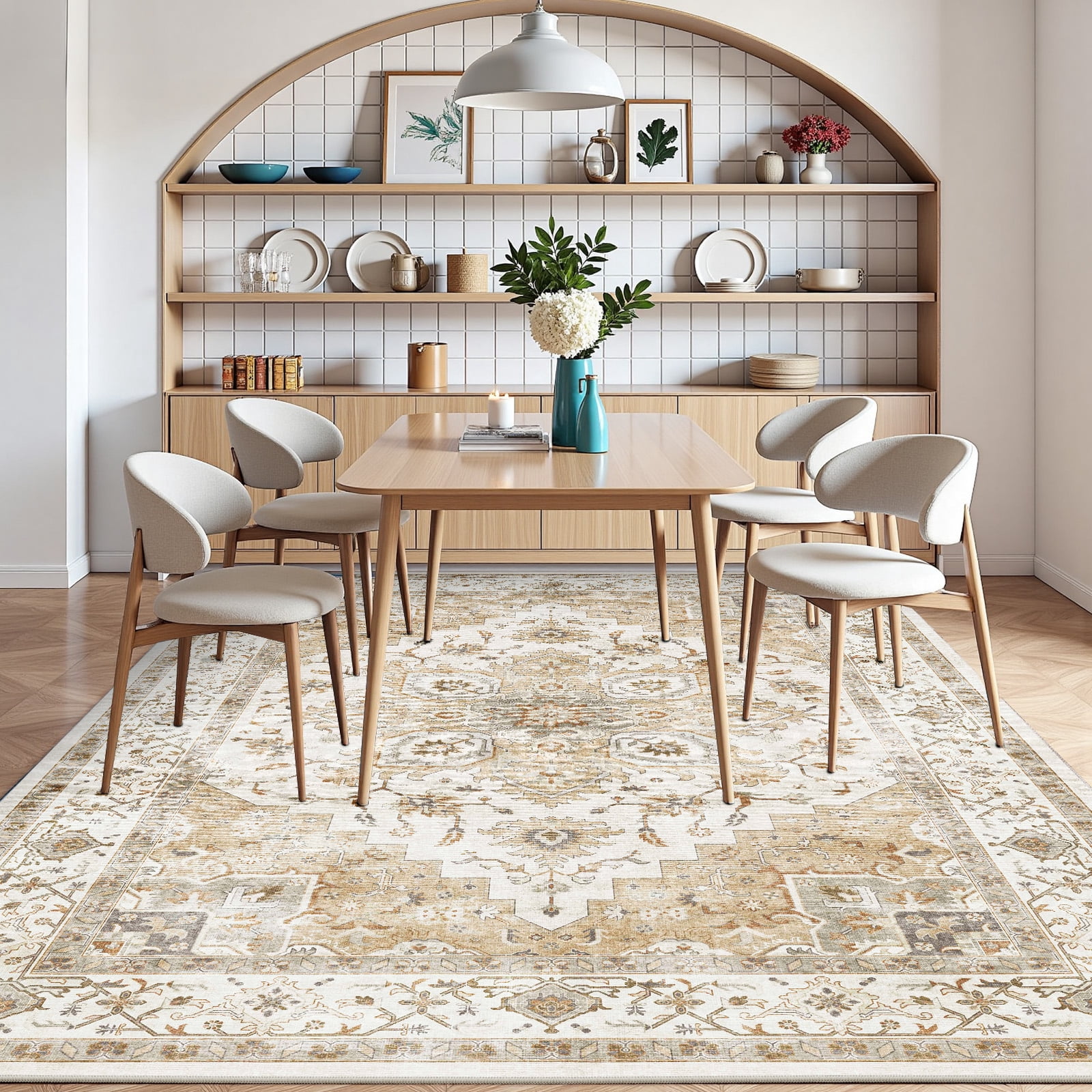 CHITOOMA 8'x10' Area Rugs for Living Room, Machine Washable Rugs Vintage Area Rug for Bedroom Dining Room Dorm Office with Non-Slip Backing, Stain Resistant Non-Shed Carpet