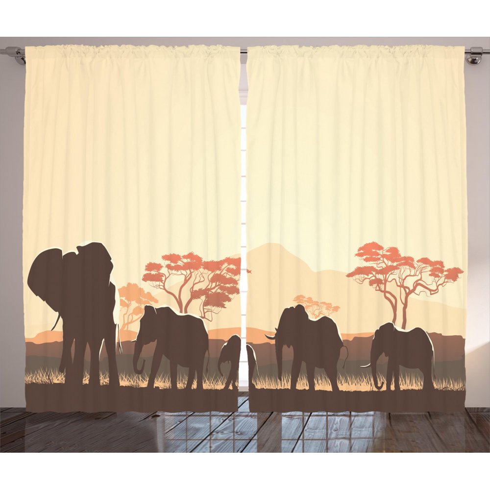 Africa Curtains 2 Panels Set, African Wildlife Safari Big Animal
