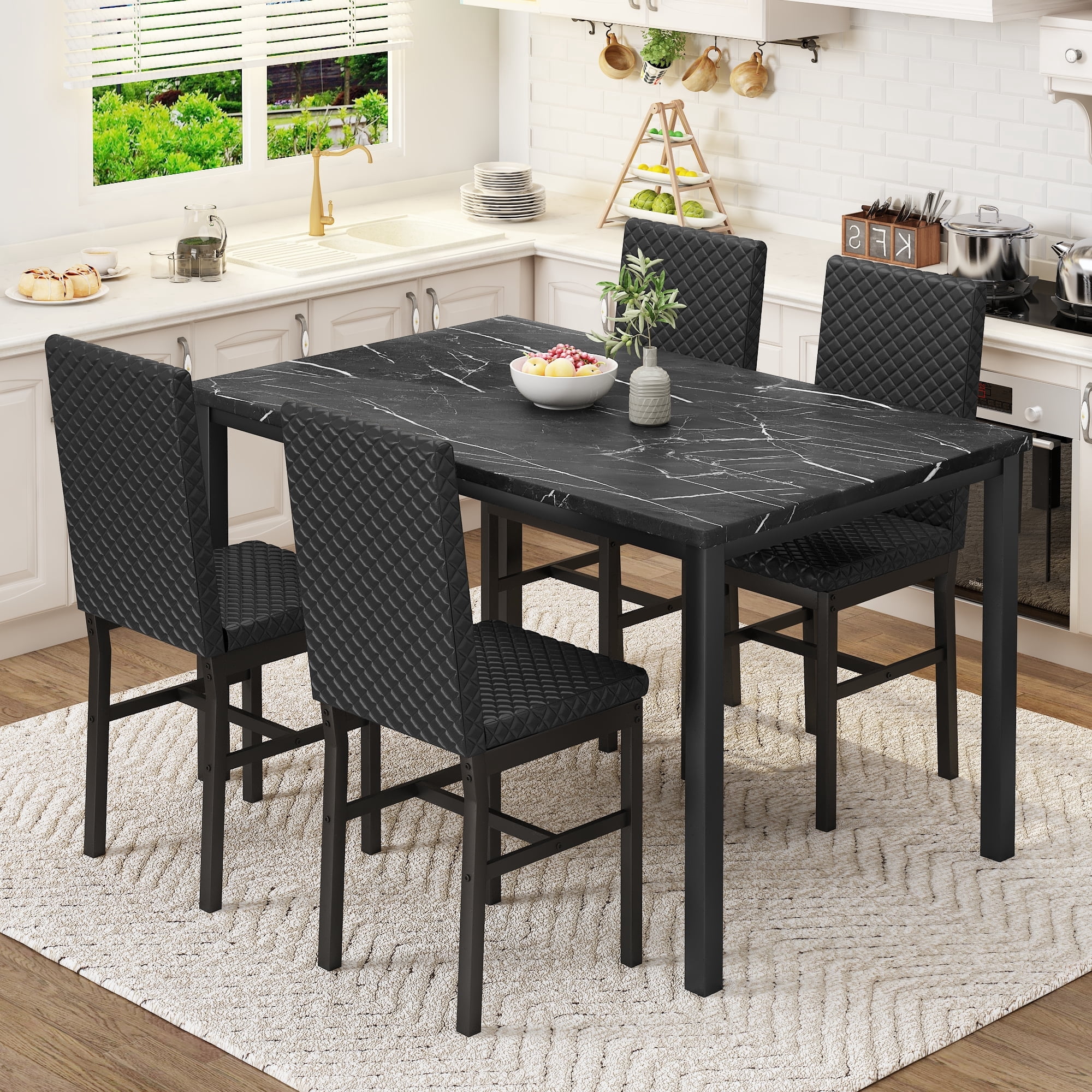 Baxluxe Dining Table Set for 4, Modern 5 Piece Dining Table Set, Faux Marble Kitchen Table and 4 Velvet Upholstered Chairs for Apartments, Dining Rooms, Small Spaces, Black