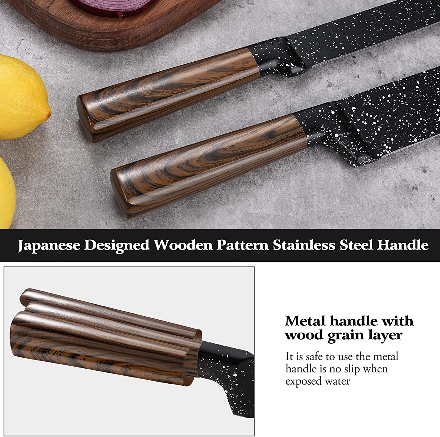 12-Piece Kitchen Knife Set with Wooden Block, Professional Chef Knife Sets with Steak Knives, High Carbon German Stainless Steel Knife with Japanese Designed Wooden Pattern Stainless Handle