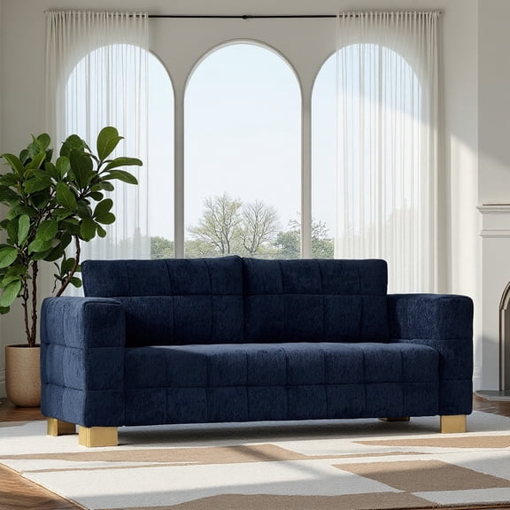 Retro Blue Chenille Sofa 3-Seater with Wide Arms and Tufted Seat Comfortable Couch for Living Room Featuring Stainless Steel Legs