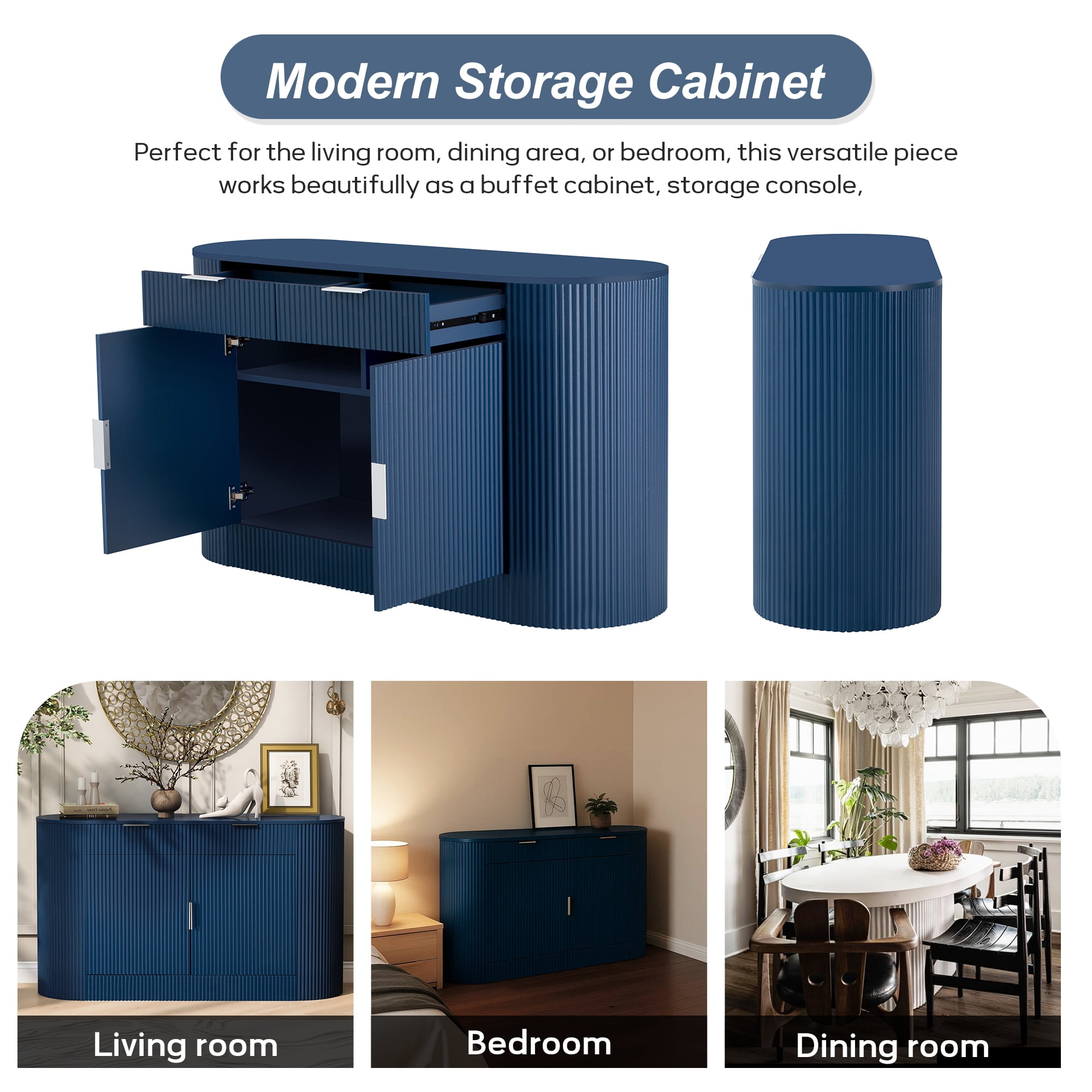 Euroco Modern Buffet Cabinet with Storage, 55.1" Large Sideboard with 2 Drawers,Curved Side Door & 3-Tier Shelves, Wood Coffee Bar Cabinets for Kitchen Living Room,Navy Blue