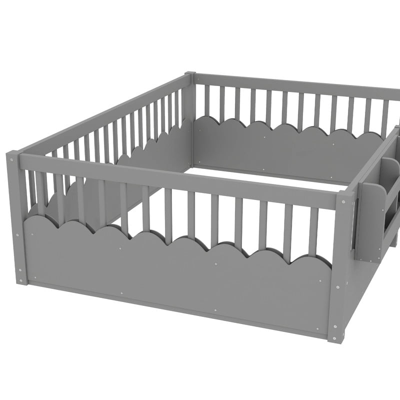 Full Size Floor Bed with Heightened Fence, Kids Platform Bed Frame with No Slat, Montessori Storage Bed with Bookshelf