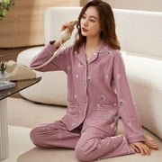 VOIANLIMO New Fashion Print Cotton Pajamas Set Women Long Sleeve Pajamas Knitted Loose Soft Homewear Pajamas Party