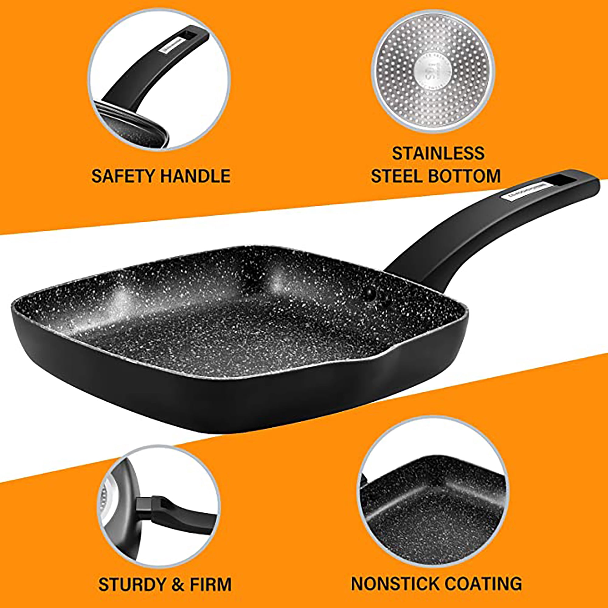 Koch Systeme CS 9.5 inch Nonstick Frying Pan with Lid, Square Omelet Pans, Compatible with All Stovetops, Black
