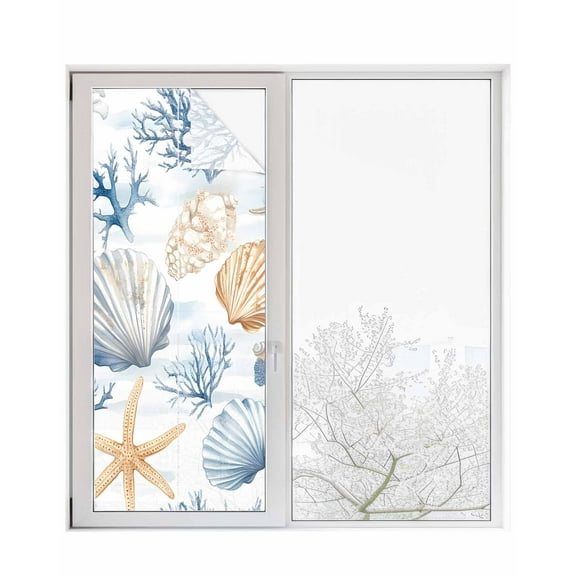 Window Privacy Film Coastal Blue Stained Glass Window Film Decorative Sun Block Window Cover Coral Starfish Seashells Beach Summer Window Clings Static Adhesive Sticker for Bathroom 29.5"x78.7"