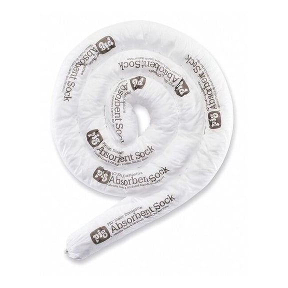 Pig Sorbent Sock, 15 gal, 3 in x 10 ft, Oil, White, 6 PK SKM701