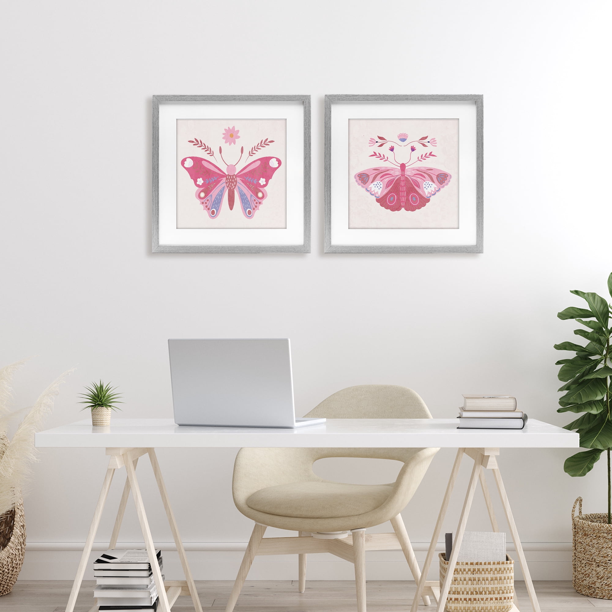Stupell Industries Pink Folk Butterflies 2 Piece Gray Framed Print Under Glass Set, design by Kim Allen