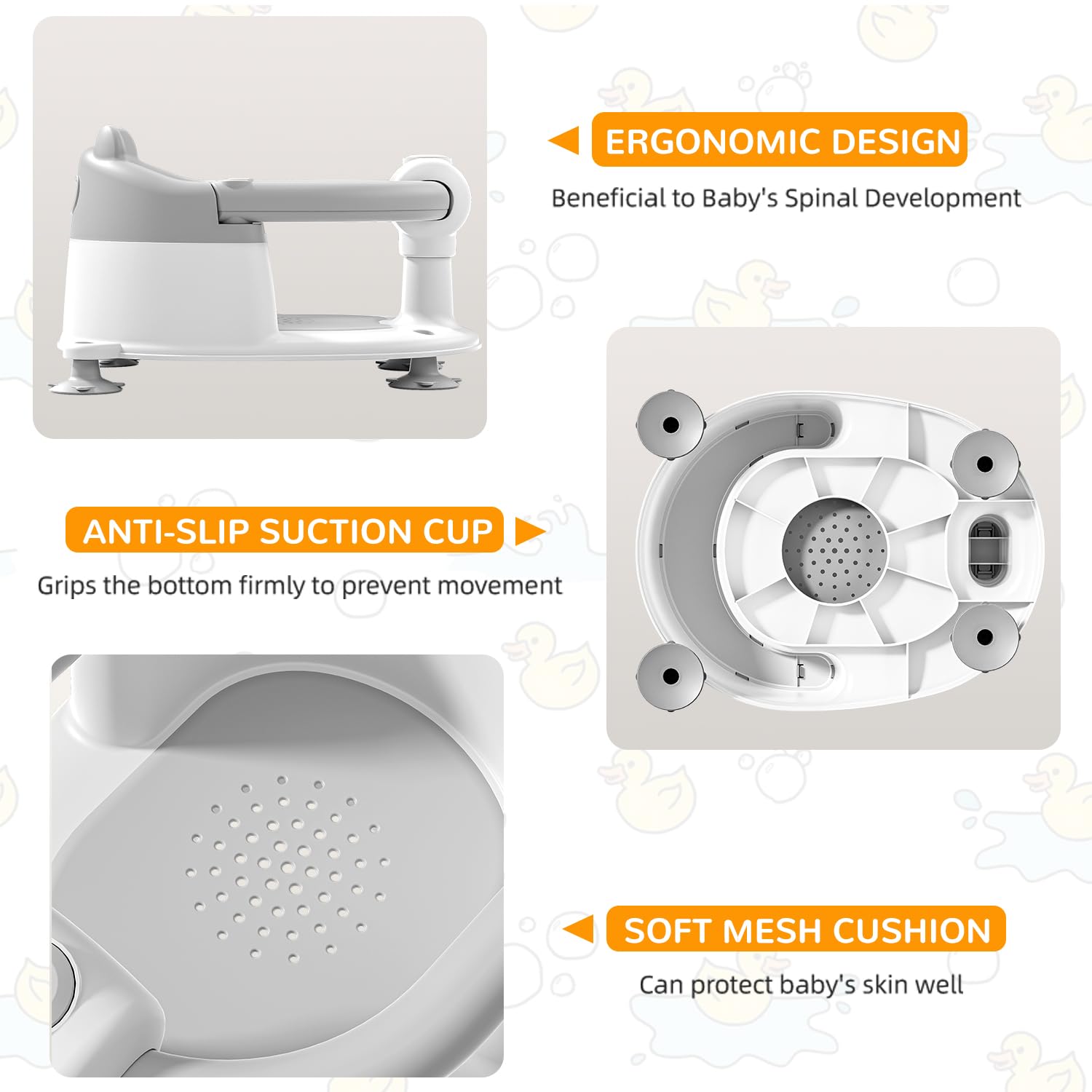 Soluxeo Baby Bath Seat for Babies 6 Months & up, Non-Slip Toddler Bath Seats for Babies Sitting Up with 4 Suction Cups & Soft Cushion for Shower(Gray)