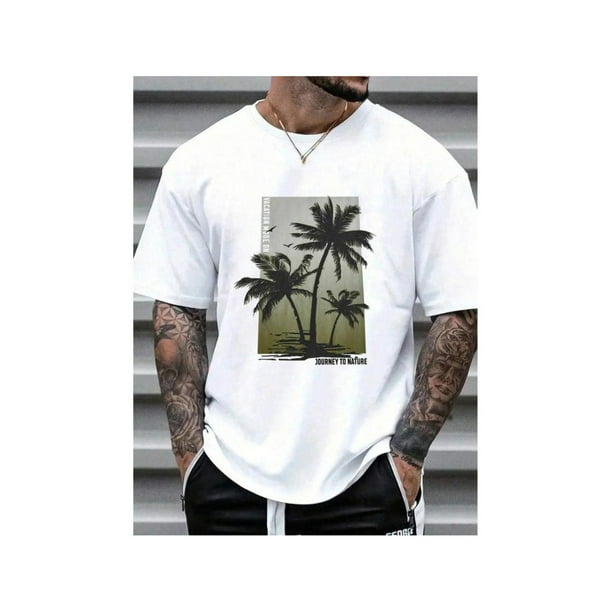 Camiseta de dormir para hombre con estampado de coco y letras, hombros caídos, corte regular, informal, suave y cómoda, manga corta, cuello redondo, para uso diario, ropa de dormir para hombre, tops d