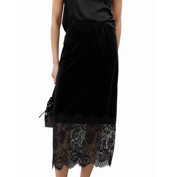 Women Midi Skirt A-Line Skirt with Lace Trim Long Skirt Casual Midi Skirt Black S