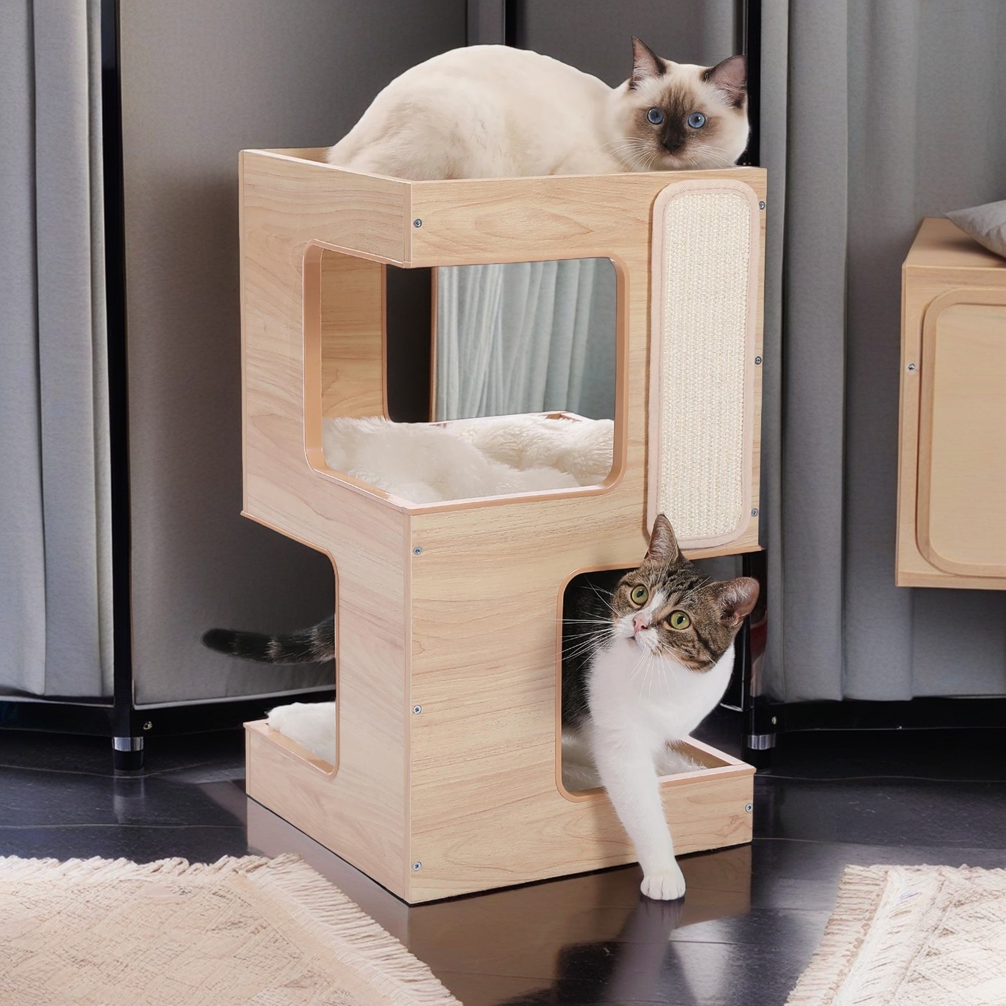 Kadyn 23" Wood Cat House Furniture for Indoor Cats, Modern Cat Tree Tower Bed with Free Cat Toy, Scratching Pad and Removable Soft Mats, Small Cat Condo, Beige