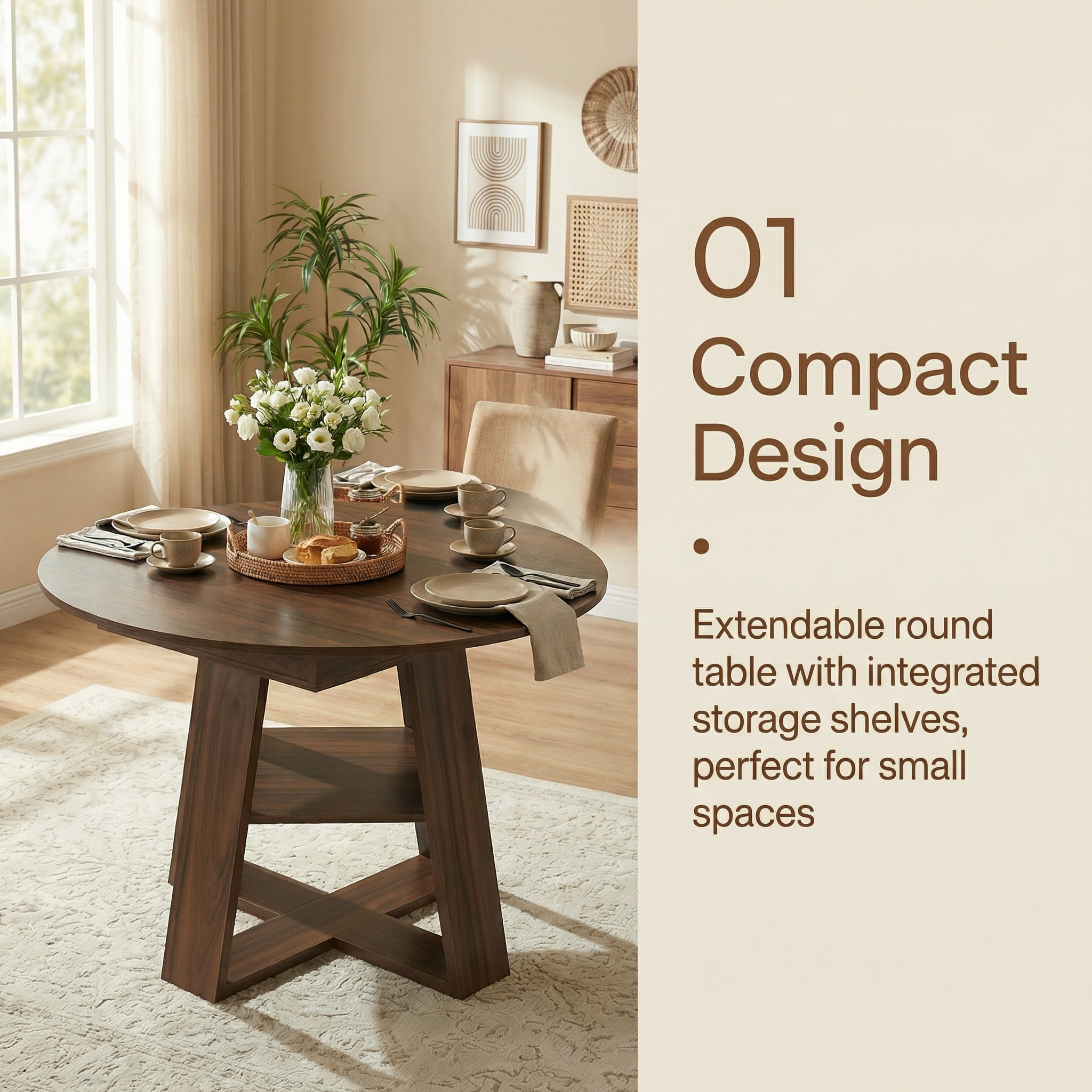 Extendable Dining Table for 4-8, Round to Oval Kitchen Table with Storage Shelf, Thick MDF, Cross-Shaped Base, 43.3 to 59-Inch Length, 300 Lbs Capacity, for Dining Room Kitchen Living Room, Walnut