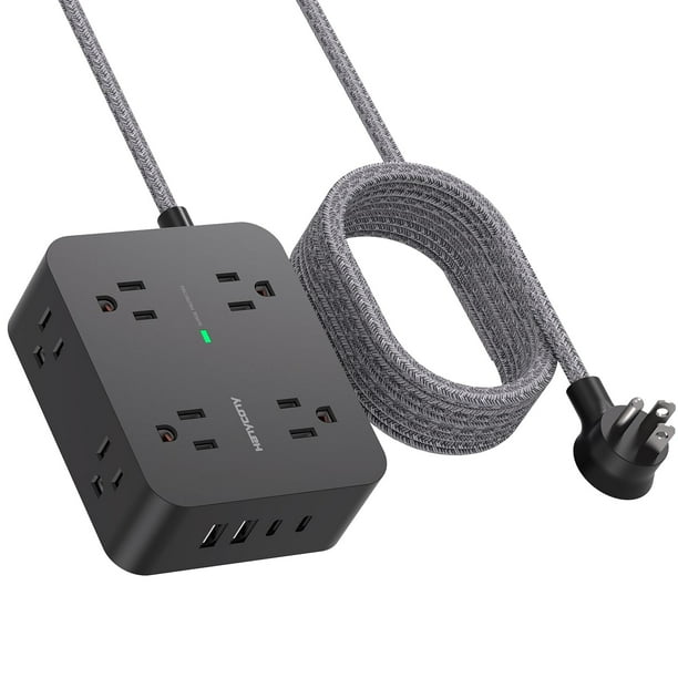 Tira de alimentación con protector contra sobretensiones de 5 pies / 6 pies / 10 pies / 15 pies / 20 pies, 8 tomas con 4 puertos de carga USB, enchufe plano extensor de 3 salidas laterales, montaje en