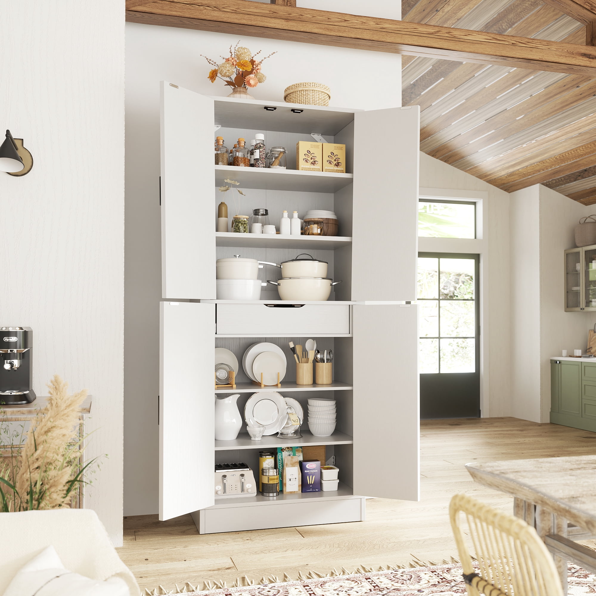 Homieasy 71'' Tall Farmhouse Pantry Cabinet 2 Piece Set, 6-Tier Pantry with Doors, Drawers & Adjustable Shelves, White