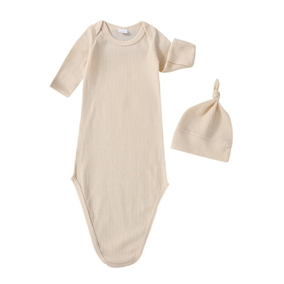 Sunloudy Waffle Solid Color Long Sleeve Round Neck Sleeping Sack + Knotted Cap