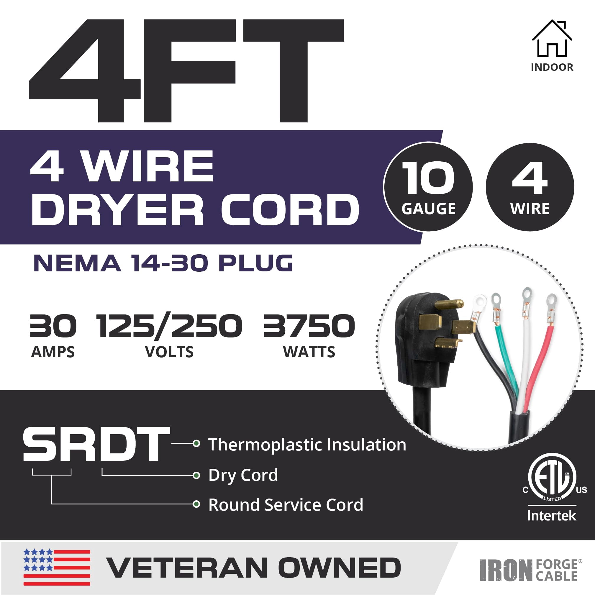 Iron Forge Cable 4 Prong Dryer Cord 4 ft, Black 10/4 NEMA 14-30 Plug 30 Amp Extension Cord 4 Foot for Dryer & EV with Ring Terminals, 125V/250V SRDT